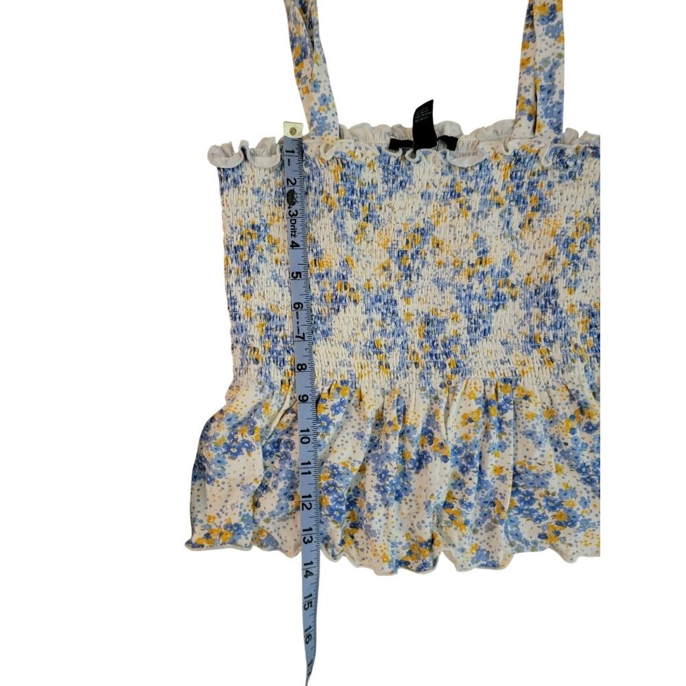 Forever 21 Floral Smocked Ruffle Top L Blue Yellow White - Picture 3 of 3
